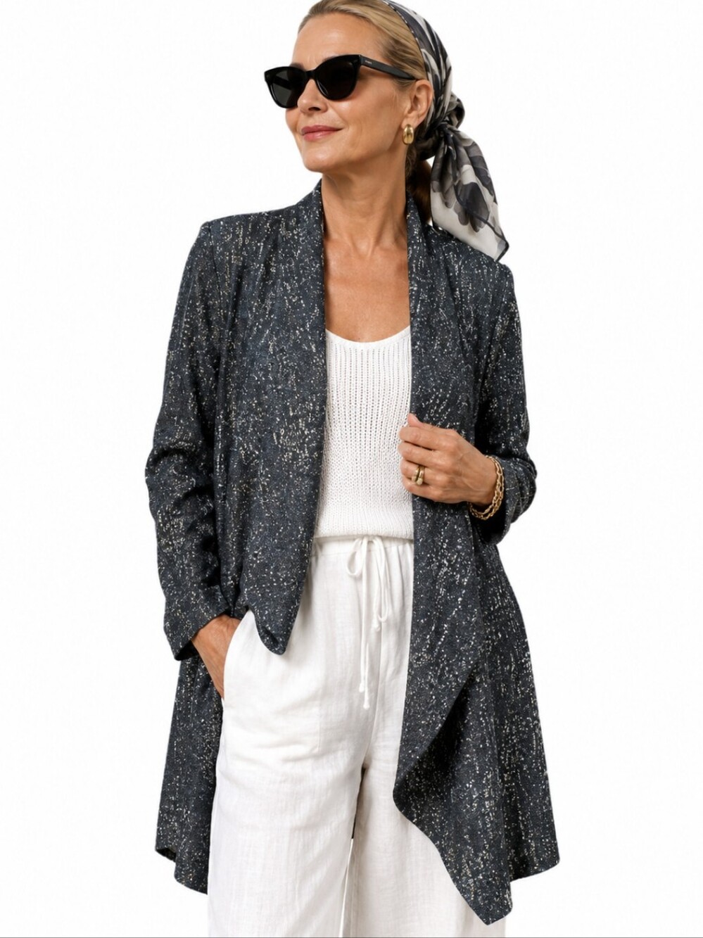 Chico's Travelers Black & Silver Flecks Drape Open Front Lightweight Coatigan XL